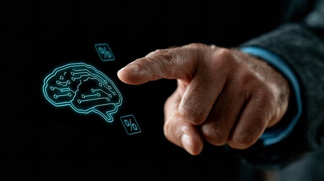 Man's finger touching a digital brain interface with percentage symbols