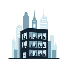 Obraz premium A silhouette of a modern office building with workers inside a city skyline