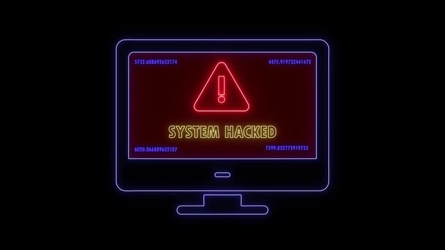 Neon system hacked warning sign on computer screen with random numbers over dark background motion footage
