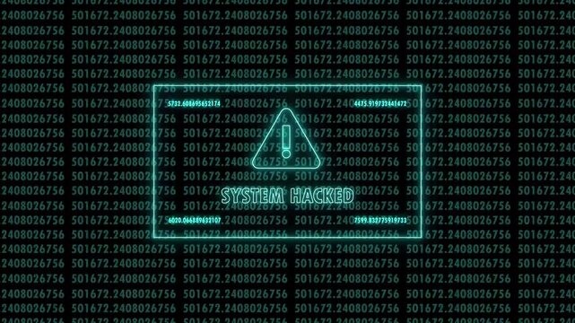 System hacked warning message with flashing exclamation mark over scrolling numeric code background
