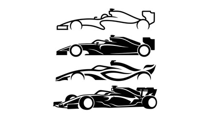 Fototapeta premium Set of four black silhouette icons of Formula 1 race cars.
