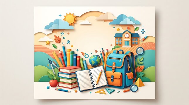 School supplies and building illustration in a layered papercraft style