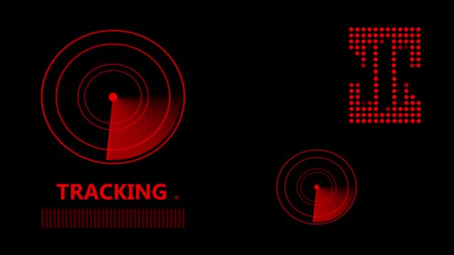 Red radar screen tracking data with pulsing lights and progress bar motion