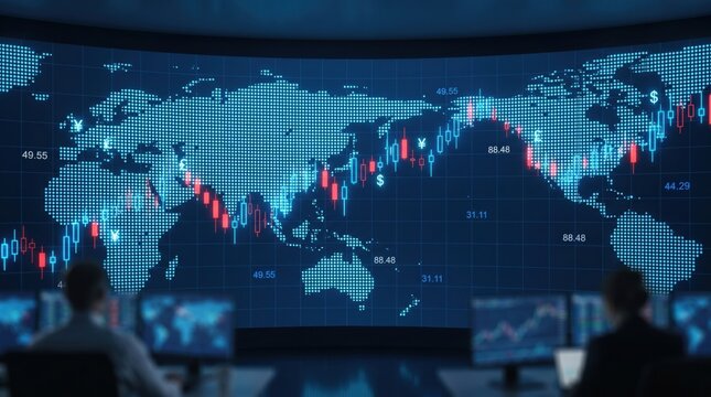 Global Algorithmic Trading Center with Financial Analysts Monitoring Realtime Market Volatility and Stock Trends