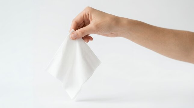 White paper tissue held by human hand, soft disposable napkin for hygiene and cleaning, minimalist hand holding facial tissue on white background