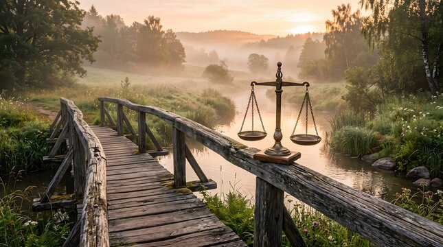 Justice Scales Resting on a Rustic Bridge Amidst a Tranquil Foggy Woodland Scene