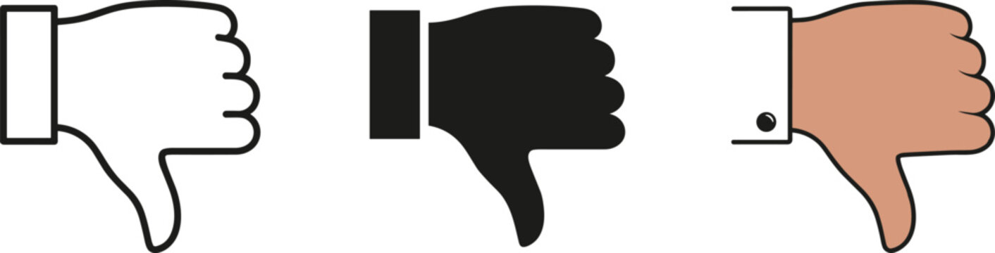 Thumbs down icon collection featuring dislike feedback in outline glyph and flat color vector illustration styles
