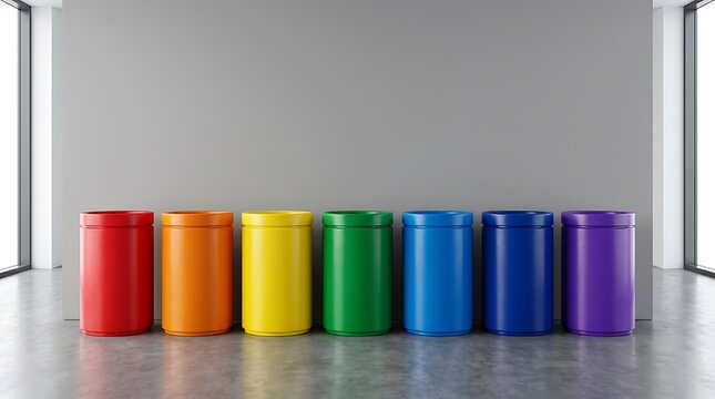 Row of colorful recycling bins in rainbow colors standing against a grey wall in a modern office building. rainbow trash cans