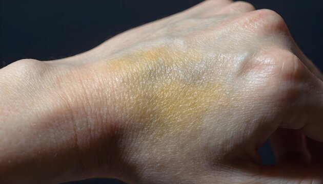 Forearm impact bruise in yellow-green healing stage. Ventral view close-up skin texture detail medical photography reference.
