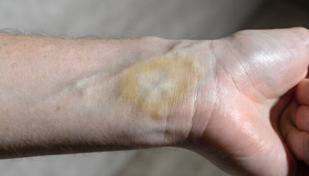 Forearm impact bruise in yellow-green healing stage. Ventral view close-up skin texture detail medical photography reference.