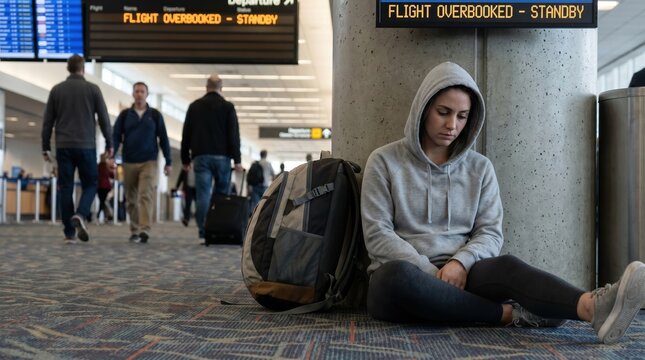 Anxious young adult woman sitting on airport floor coping with sensory overload and overbooked flight delay