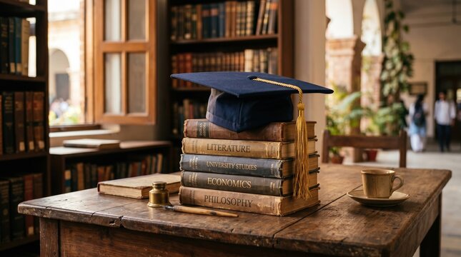 Graduation cap on vintage books for classical liberal arts education in traditional university library setting.