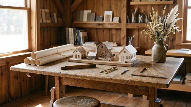 Architectural Design Workshop Studio with Miniature Model Houses and Blueprints