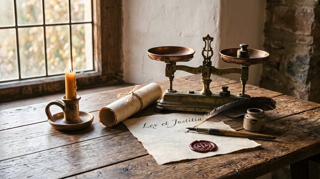 Vintage Law and Justice Concept with Antique Scales and Scroll