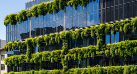 Fototapeta premium Building facade covered in greenery and solar glass
