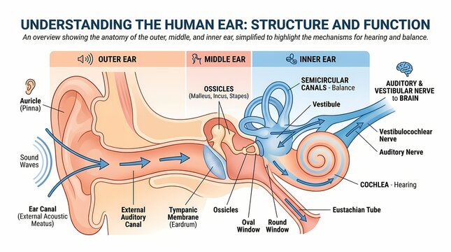 Detailed Cross Section Infographic Explaining The Anatomy Of The Human Ear Organ.