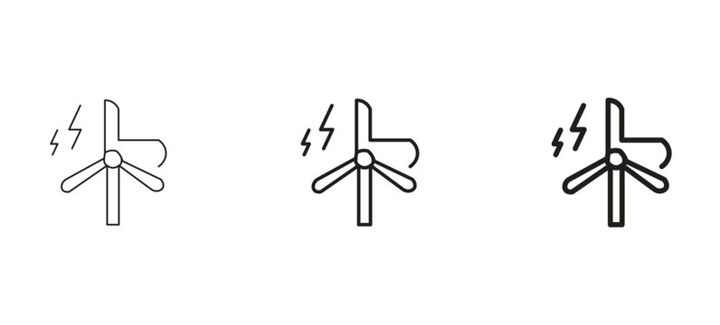 Wind turbine icon set with lightning bolts, renewable energy wind mill symbols in three line weights, sustainable power generation vector graphics