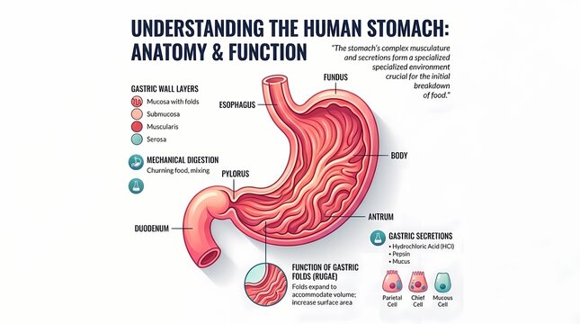 Detailed Medical Infographic Illustrating Human Stomach Anatomy and Gastric.