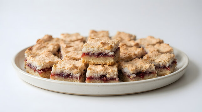 Louise cakes (raspberry jam shortbread cake with coconut and Swiss meringue cream) in square cuts on a white platter on white plate. New Zealand dish, catalogs, menus, snacks, and baking ideas