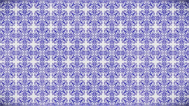Abstract pattern background, intricate deep blue floral tile design, white textured surface, a seamless loop video background
