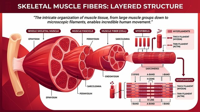 Detailed Scientific Infographic Showing Skeletal Muscle Fiber Layered Structure.