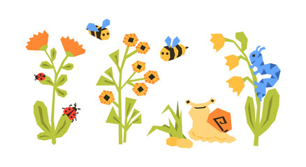 Flower vector set with ladybug, caterpillar, snail and bees. Сute hand-drawn summer botanical illustration for posters and nursery designes. Simple prints for packaging and kids design. © Vala Ivashchenko