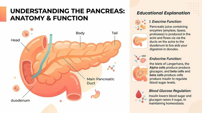 Educational Infographic Illustrating Human Pancreas Anatomy and Vital Functions.