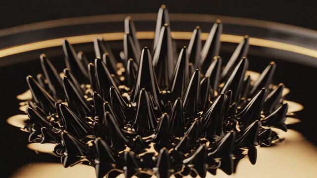 Black ferrofluid rising into shifting spikes with golden rim light