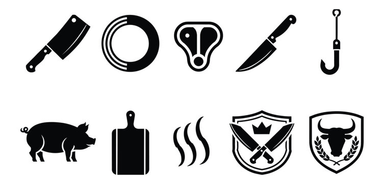 Meat cuts and grilling tools icon set, solid vector symbols for butcher shops, barbecue cooking, meat preparation, and culinary services.