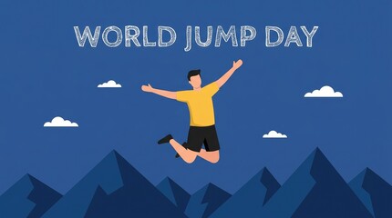 Flat design illustration of a man jumping high in the air above stylized mountain peaks