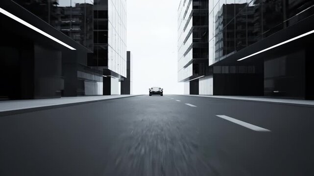 Autonomous Car Driving Through Futuristic Glass Skyscraper City Street