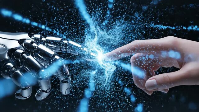 Robotic hand and human hand reaching toward each other with data particles