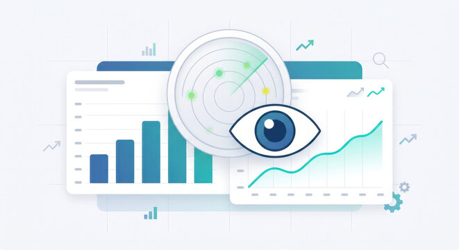 Eye overlay combined with bar charts to symbolize visibility, viewability, and impression quality.
