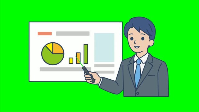 Green screen anime businessman presentation loop, holding laser pointer, talking and blinking, MP4