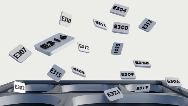 A 3D rendering of metallic compartmentalized cafeteria food tray and multiple square white tiles rain down and scattered. All tiles display European food additive codes.