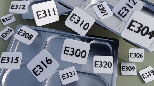 A 3D rendering of metallic compartmentalized cafeteria food tray and multiple square white tiles rain down and scattered. All tiles display European food additive codes.
