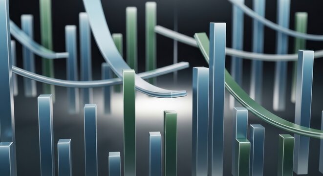 A futuristic graph displays various blue and green bars and curves on a black background with a metallic surface.
