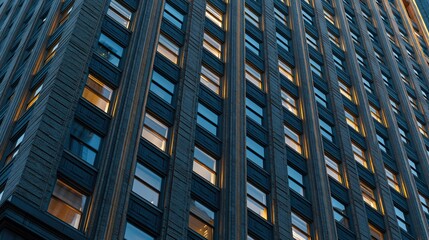 Obraz premium Angular View of a Tall Skyscraper Facade with Lit Windows During Dusk