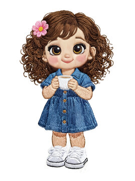 Embroidery art, tiny chibi girl with curly brown hair and pink flower accessory