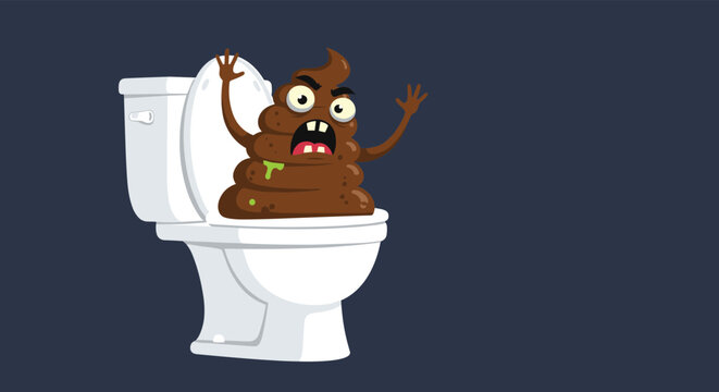 Grumpy cartoon poop character with angry expression sitting inside a white ceramic toilet bowl on a dark blue background.