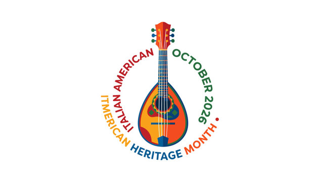 Italian American Heritage Month 2026 emblem featuring a traditional mandolin musical instrument.