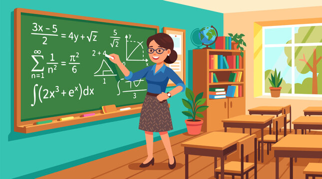 Cheerful teacher writing algebra, calculus and geometry formulas on green chalkboard in sunlit classroom, bright flat vector education, math learning, school lesson and STEM illustration