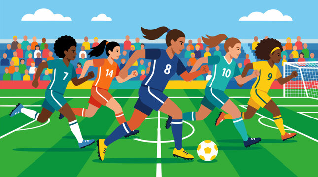 Diverse women footballers sprint in a fast counterattack across a bright stadium pitch, dynamic vector scene of teamwork, competition, athletic power, crowd energy, and championship soccer action