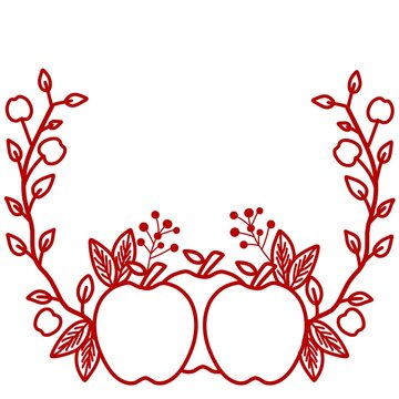 Decorative wreath frame composed of red line art apples, berries, and foliage branches, isolated on white