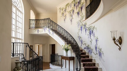 Obraz premium Elegant curved staircase in a grand hall with a hand painted wisteria mural in a classic interior