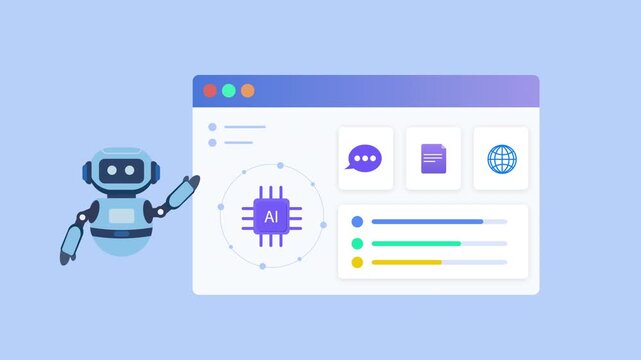 Modern flat vector animation of an AI communication dashboard with virtual assistant, messaging, global connectivity, and intelligent interaction interface. Ideal for artificial intelligence, communic
