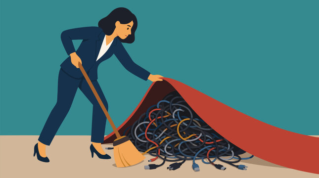 Businesswoman sweeping a tangled pile of cables under a red rug, vivid vector metaphor for hidden technical debt, workplace problems, digital clutter, risk management and corporate cleanup