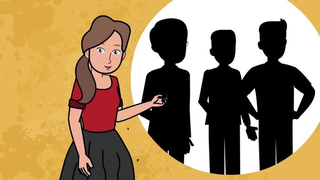 Young Female Teacher Pointing at Shadow Silhouette Group of Students, Classroom Management or Discrimination Concept, 2D Animation
