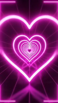 Neon pink glowing heart tunnel depth effect.