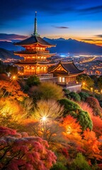 Fototapeta premium Japanese Pagoda Temple at Dusk with Glowing Autumn Leaves and Distant Mountain Horizon